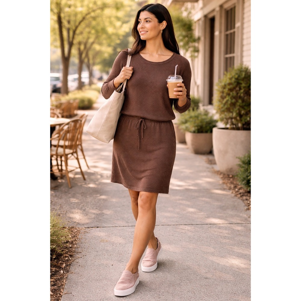 NWT Prana Womens Effortless Leigh Blouson Knit Dress Size XL Brown Minimalist
